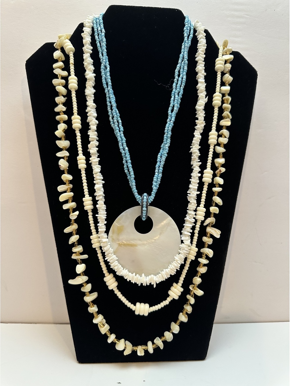 Vintage Set of 4 Necklaces – Shell, Mother of Pearl & Blue Boho Coastal Jewelry